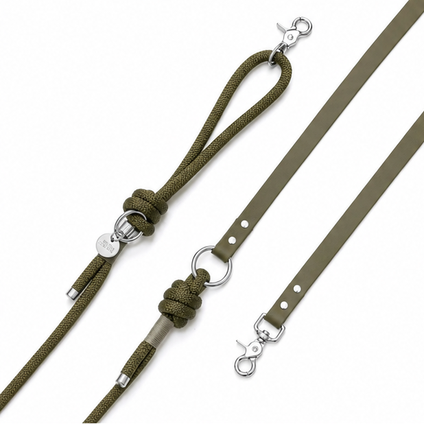 Laisse mains libres corde x Biothane Kaki - 19mm - Atelier Markiz