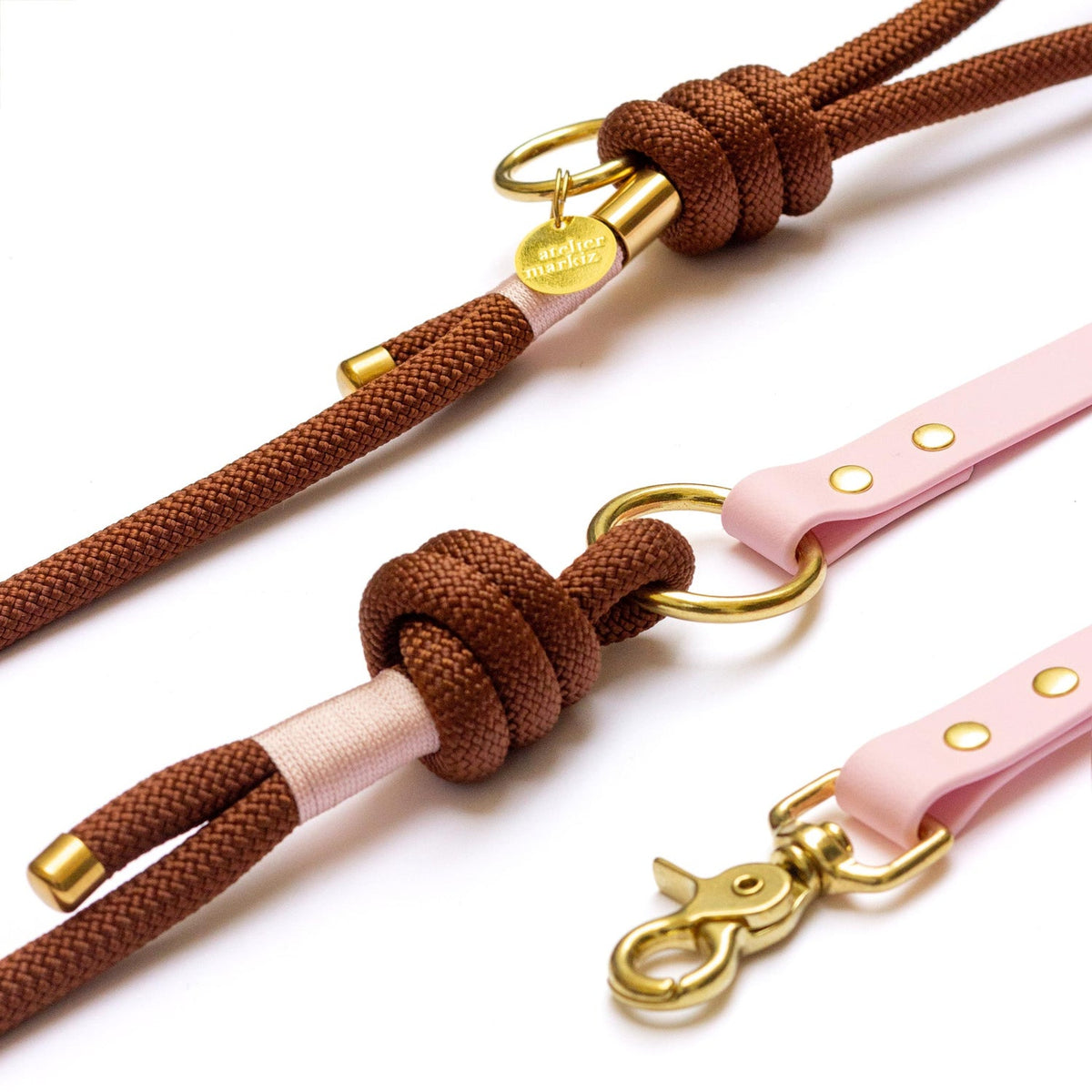 Laisse mains libres pour chien en Biothane marron et rose